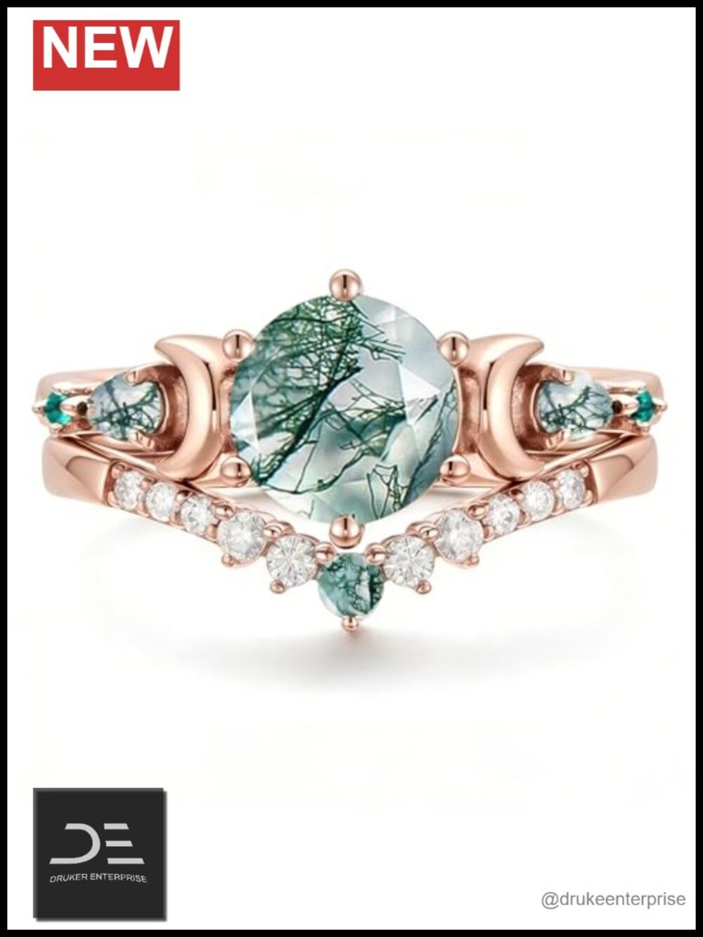Moss Agate Moissanite Engagement Ring 925 Sterling Silver Bridal Set